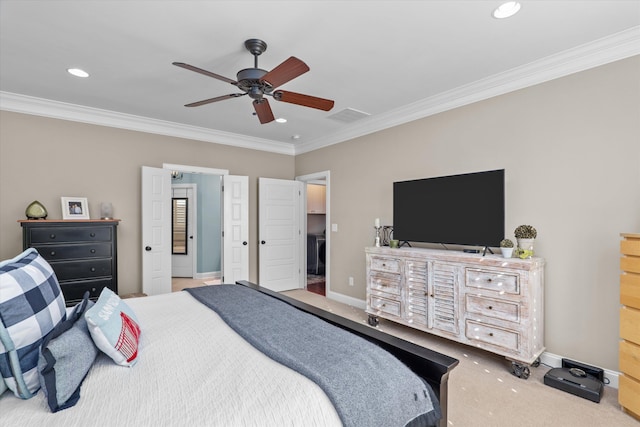 carpeted bedroom featuring crown molding and ceiling fan