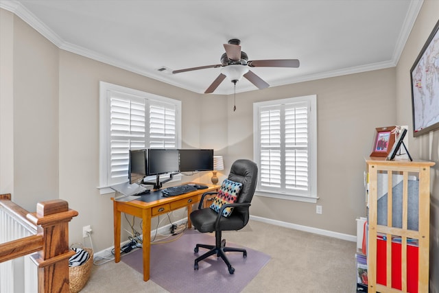 carpeted office featuring ceiling fan and ornamental molding