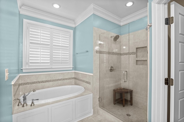 884 Willow Lk, Evans, GA 30809 - bathroom featuring a garden tub, crown molding, and a stall shower