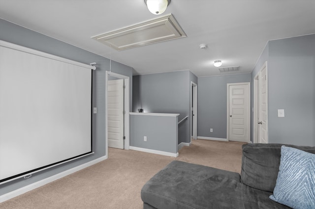 home theater with baseboards, carpet flooring, and visible vents