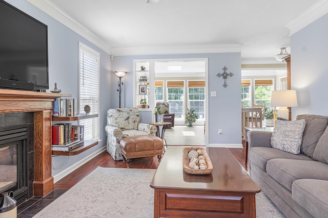 4161 Eagle Nest Dr, Evans, GA 30809 - living room featuring a high end fireplace, ornamental molding, baseboards, and dark wood-type flooring
