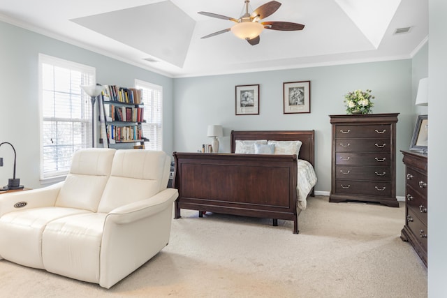 4161 Eagle Nest Dr, Evans, GA 30809 - bedroom featuring a raised ceiling, crown molding, light colored carpet, and a ceiling fan