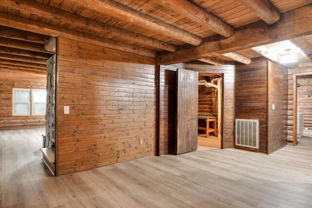 empty room featuring light hardwood / wood-style floors, wood walls, wood ceiling, and beam ceiling