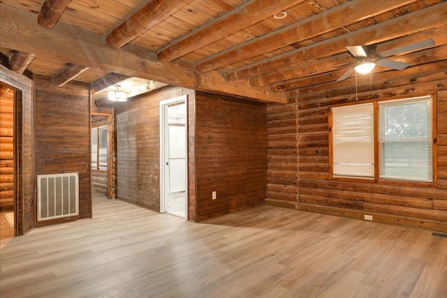 empty room with rustic walls, ceiling fan, light hardwood / wood-style flooring, wooden ceiling, and beamed ceiling