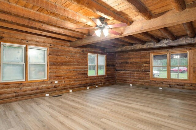 spare room with wooden ceiling, light hardwood / wood-style flooring, ceiling fan, log walls, and beam ceiling