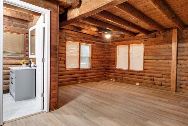 unfurnished room featuring light wood-type flooring, rustic walls, ceiling fan, beam ceiling, and wooden ceiling