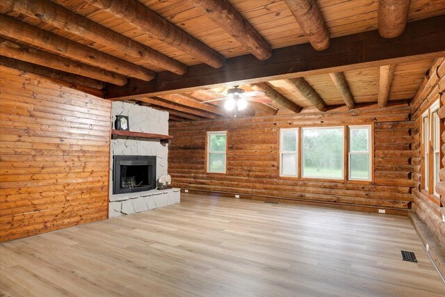 unfurnished living room featuring rustic walls, beam ceiling, light hardwood / wood-style flooring, wooden ceiling, and a fireplace