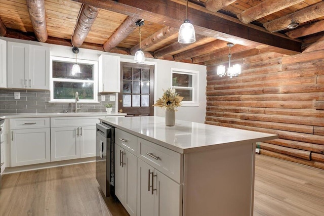 kitchen with pendant lighting, a kitchen island, wooden ceiling, and log walls