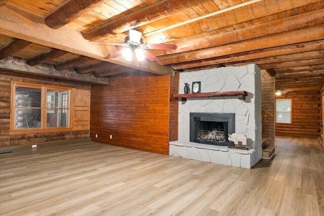 unfurnished living room with rustic walls, beamed ceiling, a fireplace, wood ceiling, and hardwood / wood-style flooring