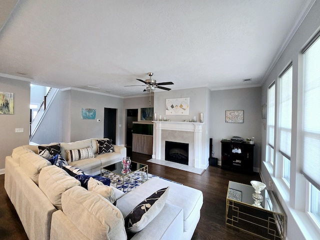 437 Arrowwood Dr, Grovetown, GA 30813 - living room featuring a high end fireplace, crown molding, and a ceiling fan