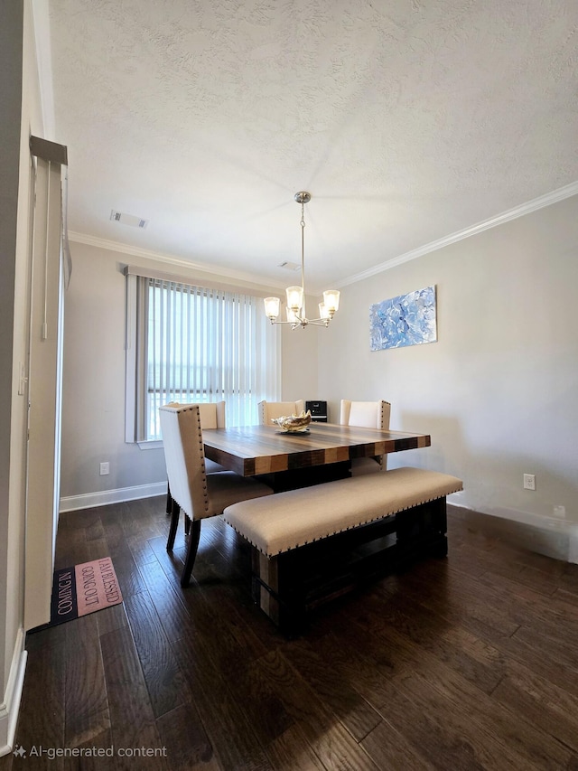 437 Arrowwood Dr, Grovetown, GA 30813 - dining space with visible vents, crown molding, dark wood finished floors, baseboards, and an inviting chandelier
