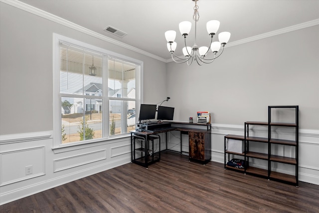 home office with dark hardwood / wood-style flooring, an inviting chandelier, and ornamental molding