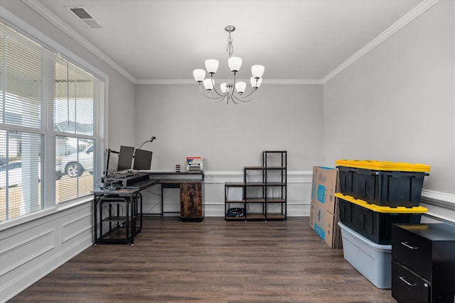 office space with dark wood-type flooring, crown molding, and a notable chandelier