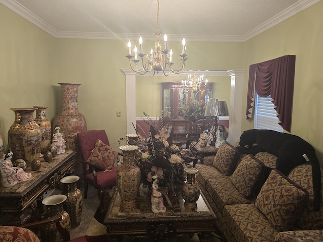 interior space featuring a chandelier and ornamental molding