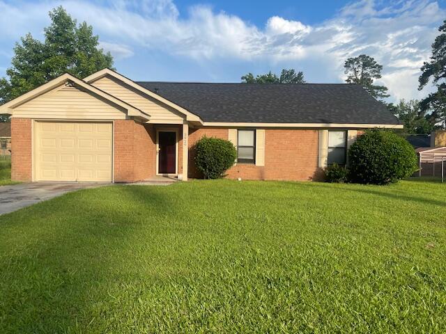 2929 Dahlia Dr, Augusta, GA 30906 - ranch-style home featuring a garage, a front lawn, concrete driveway, brick siding, and a shingled roof