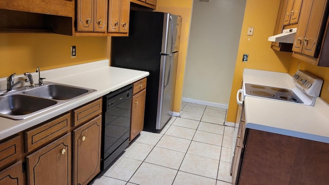 2929 Dahlia Dr, Augusta, GA 30906 - kitchen featuring under cabinet range hood, dishwasher, light tile patterned flooring, white range with electric stovetop, and light countertops