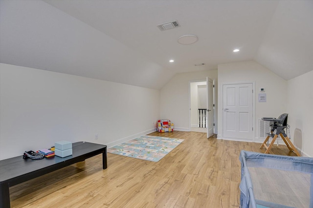 341 Crown Pt, Mccormick, SC 29835 - playroom with vaulted ceiling, light wood-style floors, and recessed lighting
