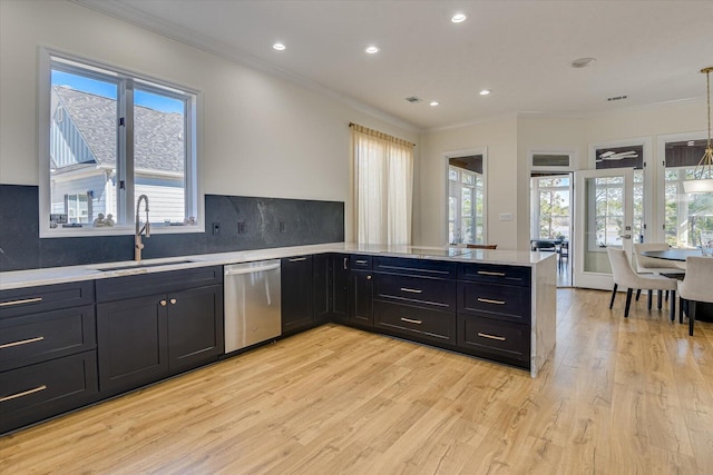 341 Crown Pt, Mccormick, SC 29835 - kitchen with dishwasher, light wood finished floors, ornamental molding, and a sink