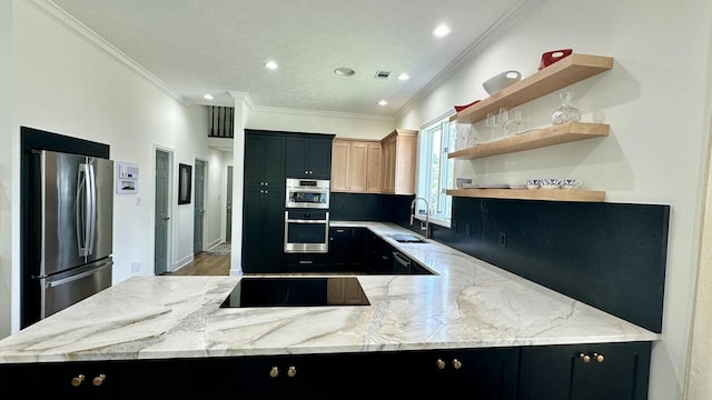 341 Crown Pt, Mccormick, SC 29835 - kitchen featuring stainless steel appliances, dark cabinetry, light stone counters, ornamental molding, and recessed lighting