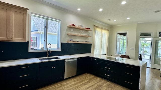 341 Crown Pt, Mccormick, SC 29835 - kitchen featuring stainless steel dishwasher, a peninsula, crown molding, recessed lighting, and light wood-style flooring