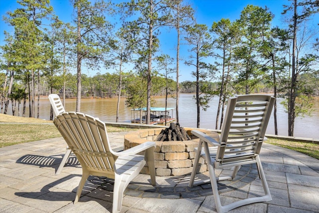 341 Crown Pt, Mccormick, SC 29835 - view of patio / terrace with a water view and an outdoor fire pit