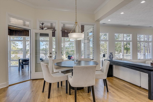 341 Crown Pt, Mccormick, SC 29835 - dining space featuring recessed lighting, ornamental molding, light wood-style floors, and plenty of natural light