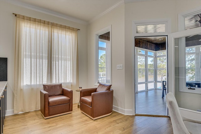 341 Crown Pt, Mccormick, SC 29835 - living area featuring light wood-style flooring, a wealth of natural light, baseboards, and ornamental molding
