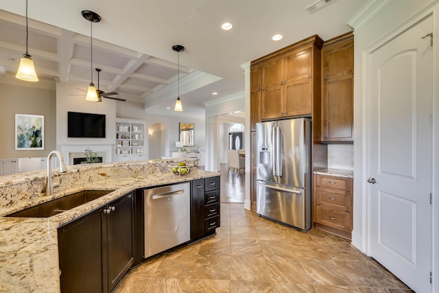 151 Commonwealth Way, Aiken, SC 29803 - kitchen with stainless steel appliances, beam ceiling, a ceiling fan, coffered ceiling, and decorative light fixtures