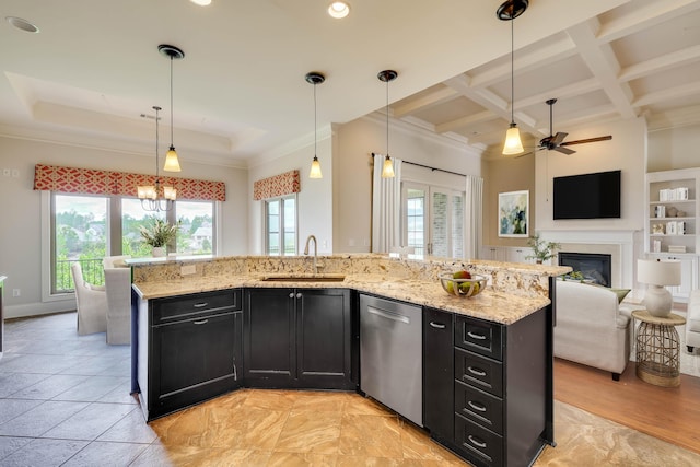 151 Commonwealth Way, Aiken, SC 29803 - kitchen featuring stainless steel dishwasher, dark cabinets, open floor plan, a ceiling fan, and beamed ceiling