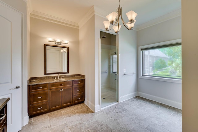 151 Commonwealth Way, Aiken, SC 29803 - bathroom featuring vanity, ornamental molding, a shower stall, a chandelier, and stone finish floors