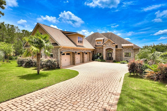 151 Commonwealth Way, Aiken, SC 29803 - french country style house featuring a garage, decorative driveway, a front lawn, and stone siding