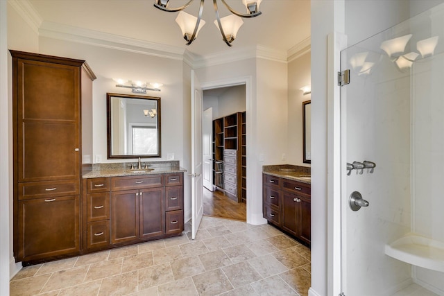 151 Commonwealth Way, Aiken, SC 29803 - full bath featuring a shower stall, a chandelier, vanity, and ornamental molding
