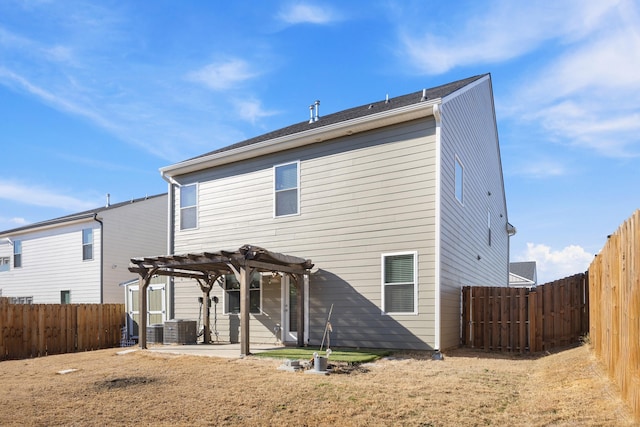 rear view of property with cooling unit, a patio, a lawn, and a pergola