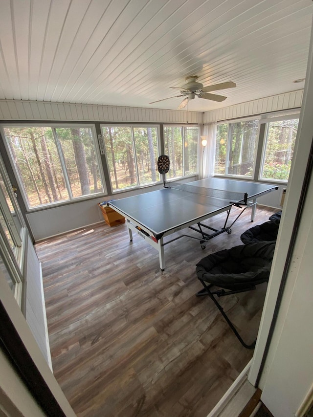 playroom featuring hardwood / wood-style flooring, plenty of natural light, wooden ceiling, and ceiling fan