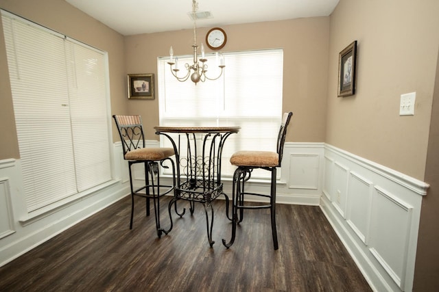 3107 Camden Way, Graniteville, SC 29829 - dining space featuring a chandelier, a wainscoted wall, dark wood-style floors, and a decorative wall