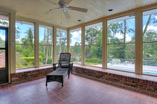 802 Dunbarton Dr, North Augusta, SC 29841 - sunroom featuring brick wall, a ceiling fan, and wood ceiling