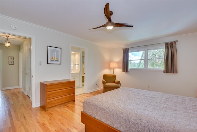 802 Dunbarton Dr, North Augusta, SC 29841 - bedroom with light wood finished floors, crown molding, ceiling fan, and ensuite bathroom