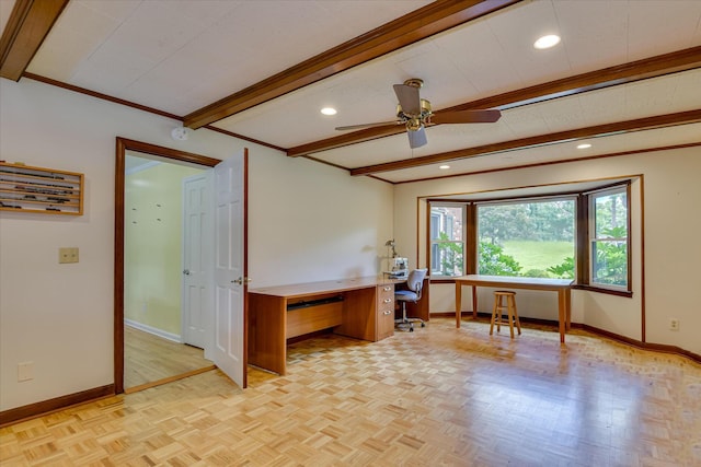 802 Dunbarton Dr, North Augusta, SC 29841 - home office with ceiling fan, beamed ceiling, recessed lighting, and crown molding