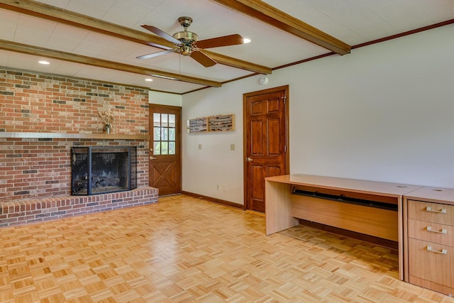 802 Dunbarton Dr, North Augusta, SC 29841 - unfurnished living room featuring a ceiling fan, beamed ceiling, a fireplace, and ornamental molding