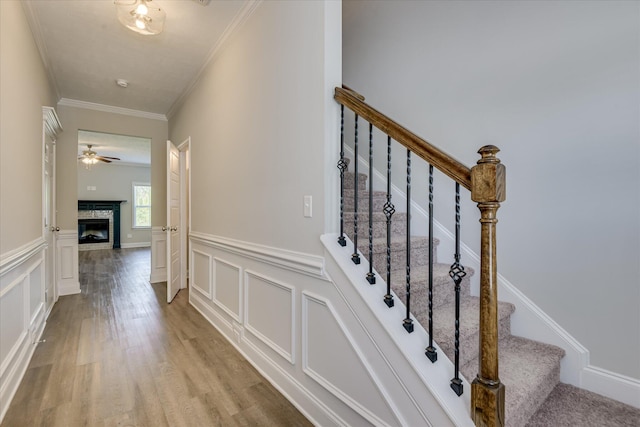 5816 Whispering Pines Way, Evans, GA 30809 - staircase featuring ceiling fan, a decorative wall, a glass covered fireplace, wood finished floors, and wainscoting