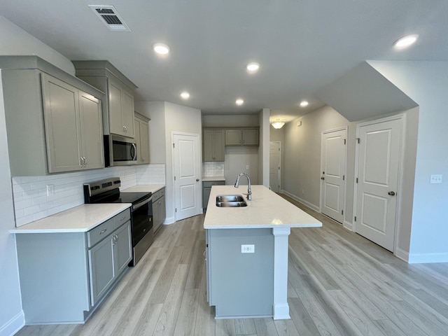 kitchen with sink, stainless steel appliances, backsplash, gray cabinets, and a kitchen island with sink