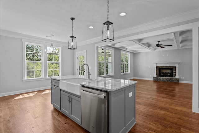 831 Whitney Shoals Rd, Evans, GA 30809 - kitchen with stainless steel dishwasher, gray cabinetry, coffered ceiling, light stone countertops, and pendant lighting