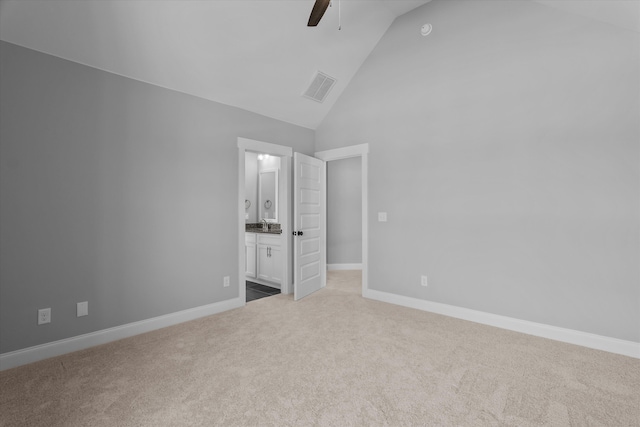 831 Whitney Shoals Rd, Evans, GA 30809 - unfurnished bedroom with carpet, ensuite bathroom, high vaulted ceiling, and ceiling fan