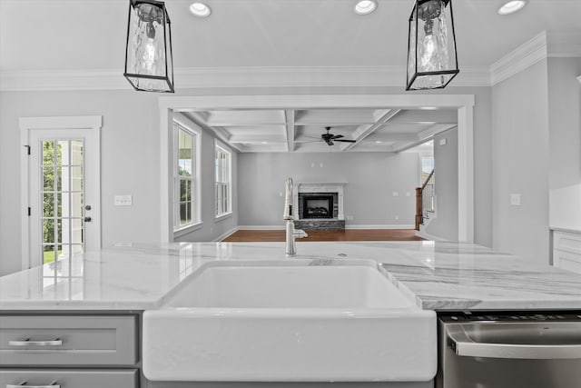 831 Whitney Shoals Rd, Evans, GA 30809 - kitchen with stainless steel dishwasher, a fireplace with raised hearth, coffered ceiling, a ceiling fan, and crown molding