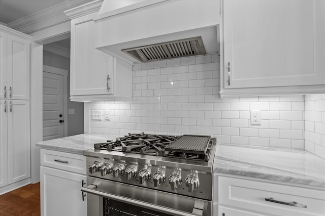 831 Whitney Shoals Rd, Evans, GA 30809 - kitchen with stainless steel range, custom exhaust hood, white cabinets, tasteful backsplash, and ornamental molding