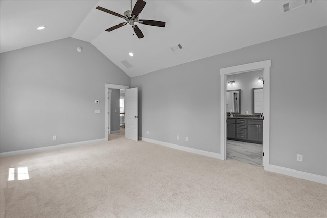 831 Whitney Shoals Rd, Evans, GA 30809 - unfurnished bedroom with light carpet, recessed lighting, ensuite bathroom, ceiling fan, and high vaulted ceiling