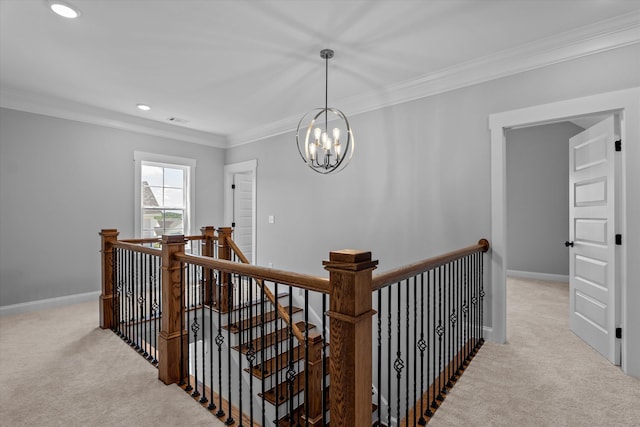 831 Whitney Shoals Rd, Evans, GA 30809 - corridor featuring an upstairs landing, carpet flooring, a chandelier, ornamental molding, and recessed lighting