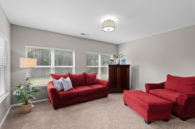living area with carpet floors, healthy amount of natural light, and baseboards