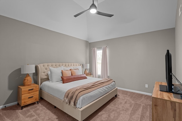 bedroom with light carpet, baseboards, a ceiling fan, and high vaulted ceiling