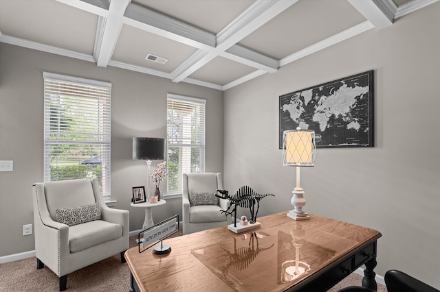 carpeted office space featuring coffered ceiling, beamed ceiling, baseboards, and ornamental molding